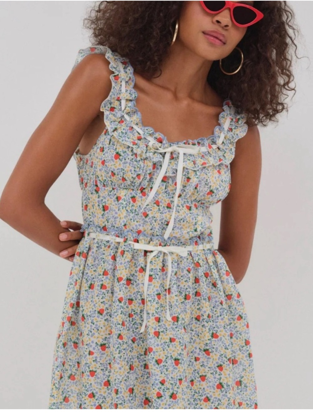 For Love & Lemons Yellow Floral Strawberry Ruffle Sundress